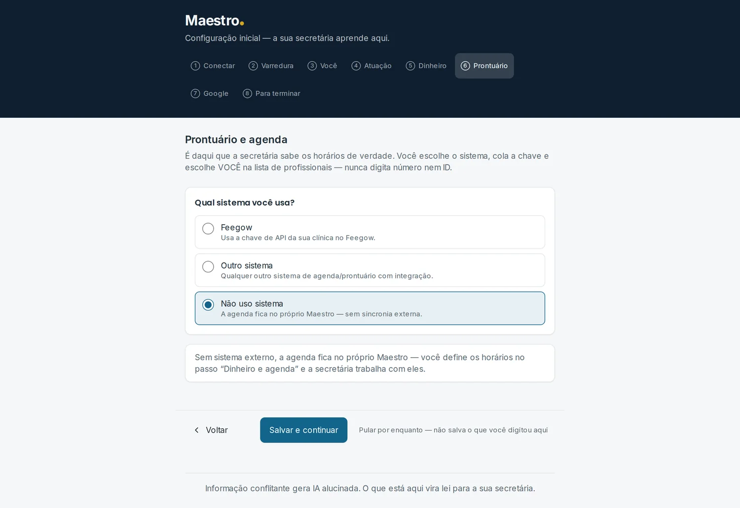 A tela de prontuário e agenda do Maestro, com Feegow como opção nativa
